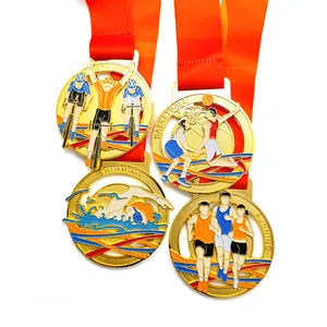 Aangepaste Medailles Souvenir 3D-vormige Medaillons Gouden Strook Koperen Sport Award Hardlopen Zwemmen Marathon Lint Metalen Medaille