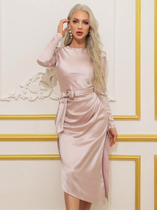 Autunno <span class=keywords><strong>e</strong></span> inverno abito da donna elegante in raso Sexy rosa <span class=keywords><strong>Nude</strong></span> girocollo a maniche lunghe abito avvolgente - Product Image 2