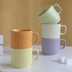 INS mode Macaron couleur bonbon rayé tasse à café en céramique promotion cadeau eau thé tasses en céramique avec poignée pour la maison et le bureau