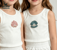 Ensemble d'été pour enfants style jeune fille européenne et américaine, personnalisé OEM, débardeur sans manches à patch coquillage + jupe à volants, direct usine
