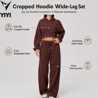 Ensemble de survêtement décontracté 2 pièces pour femme, marque privée, avec sweat à capuche court zippé et pantalon de survêtement large à cordon de serrage