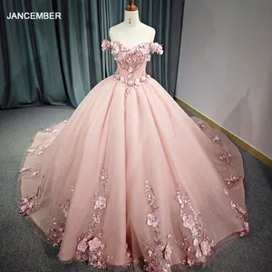 Jancember DY6682 สินค้าใหม่สีชมพูปิดไหล่Applique Ball Gownลูกไม้Quinceaneraอย่างเป็นทางการชุดราตรี