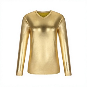 Camisetas doradas metálicas brillantes de lujo para hombre, camisetas de manga larga con cuello en V, camisetas elegantes para discoteca, fiestas - Product Image 1