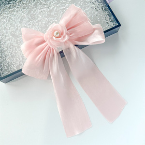Jepit Rambut Bunga Kain Warna Solid Manis Pita Panjang Model Bowknot Gaya Eropa Amerika Aksesoris Rambut Pesta untuk Anak Perempuan - Product Image 6