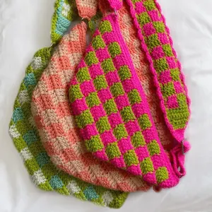 Colorful Crochet Checkered Fanny Pack Woven Shoulder Bags Crossbody Bag Women