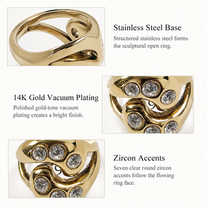 Sculptural Zircon Open <b>Ring</b> Stainless <b>Steel</b> 14K Gold Vacuum Plated Adjustable Statement <b>Ring</b> 22.9 mm - Product Image 4