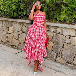 Wholesale Gingham Check Halter Midi <strong>Dress</strong> Sleeveless High Neck Fitted Waist Asymmetric <strong>Hanky</strong> <strong>Hem</strong> Casual Vacation <strong>Dress</strong> - Product Image 1