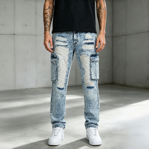 Pantalones Vaqueros para Hombre, Lavado Ácido, Azul Claro, Diseño con Bolsillos Cargo y Grandes Parches Rotos, Estilo Urbano - Product Image 1