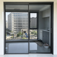 Porte patio coulissante à deux panneaux, cadre noir mat, verre transparent, poignée encastrée, jardin zen, aluminium