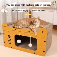 Lit pour chat 2 en 1 en MDF avec griffoir, plateforme et jouets pompons, maison pour chat respirante d'été, villa compacte pour chat