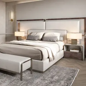 Rugiano Italiaanse Luxe Gestoffeerde Bed-Frame Rvs Base Lederen Bed Slaapkamer Villa Herenhuis Meubels