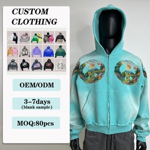 Sweat à capuche zippé surdimensionné délavé pour hommes, imprimé de poches kangourou lourd personnalisé du fabricant - Product Image 1