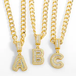 Diseñador de cristal personalizado Hip Hop Iced out alfabeto 26 letras oro cadena de eslabones cubanos con colgante collar joyería