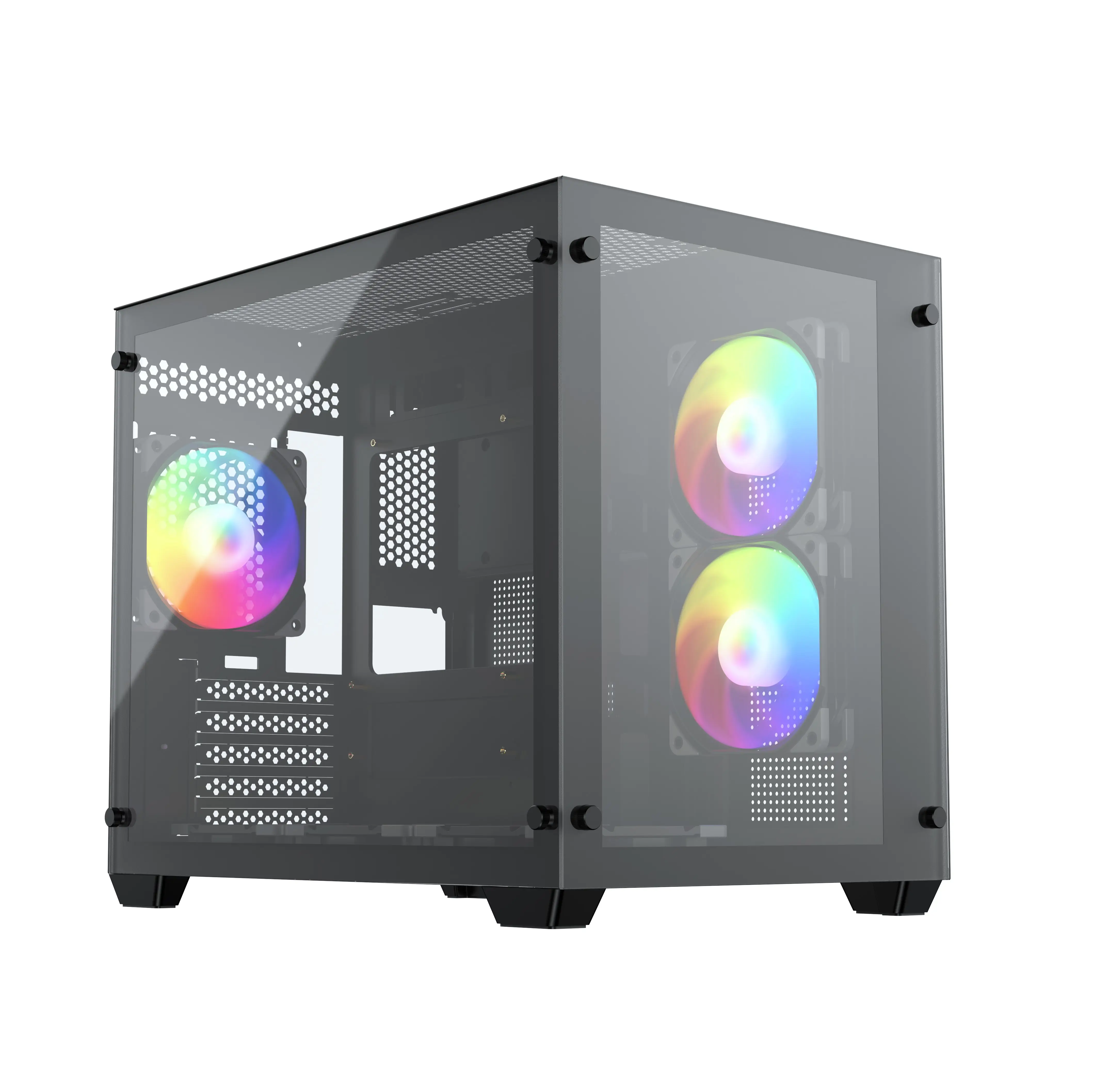 Hochwertige Wide Cube Glas Aluminium Computer Micro ATX Fall PC Doppel lager Cube Computer Gaming Fall mit Argb-Effekt