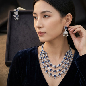 Luxury Brass <b>Blue</b> Sapphire CZ Layered Long <b>Necklace</b> Set Rhodium Plated Emerald Cut Crystal Jhumka Earrings Wedding Engagement - Product Image 2
