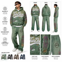 Ensemble de survêtement à capuche et pantalon de jogging imprimé motif tribal, fermeture éclair intégrale, jersey délavé à l'acide, style graffiti vintage streetwear urbain oversize