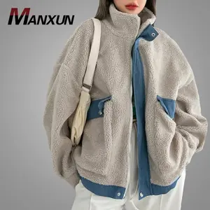High Quality Sherpa Jacket Denim Stitching Zipper Plus Size Fitted Coats For Women Stand Collar Ladies jackets
