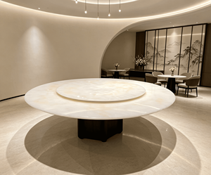 Mesa de Comedor Redonda de Piedra Natural Ónix Blanco con Base Giratoria Lazy Susan, Muebles de Comedor de Lujo para Casa o Villa, Muebles para el Hogar de 8 Plazas - Product Image 2