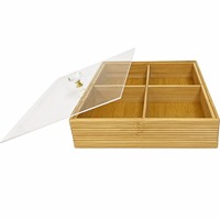 Vierdelige bamboe snackbox met kristallen handvat, transparant deksel en mogelijkheid voor aangepast logo.