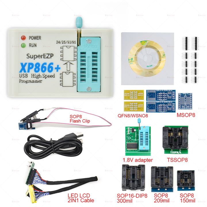 XP866 USB SPI Programmer Full Set + 15 Adapter Sop8/16 Support 24 25 93 95 EEPROM Flash Bios Minipro