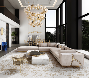 أريكة غرفة معيشة فاخرة على شكل حرف L من الأثاث الإيطالي الفاخر، مصنوعة من قماش النوبوك الفاخر مع تفاصيل نحاسية - Product Image 2