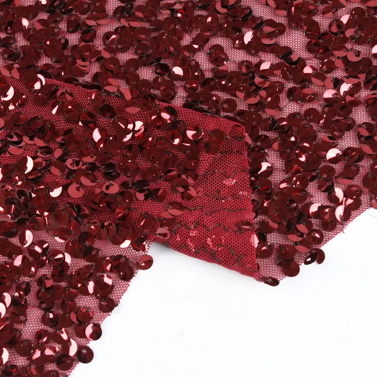 Kırmızı malzeme tekstil polyester spandex pullu nakış kumaş kore pullu kumaş