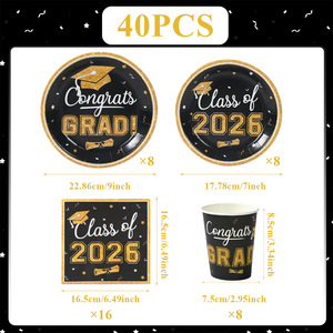Vajilla Desechable Negra y Dorada <span class=keywords><strong>para</strong></span> Fiesta <span class=keywords><strong>de</strong></span> Graduación, Mantel <span class=keywords><strong>de</strong></span> Papel, Clase <span class=keywords><strong>de</strong></span> 2026, Artículos <span class=keywords><strong>para</strong></span> Graduación <span class=keywords><strong>de</strong></span> Universidad y Preparatoria - Product Image 6