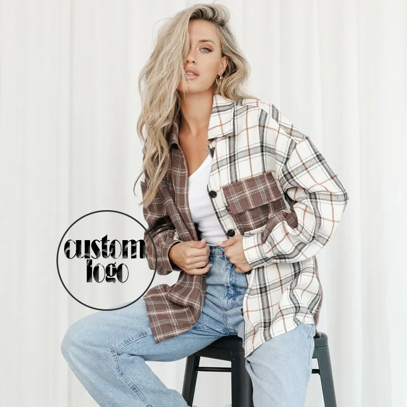 China Products Manufacturers Cotton Modest Brown Mixed Plaid Shirts Soft Oversized Elegant Women Tops and Blouses