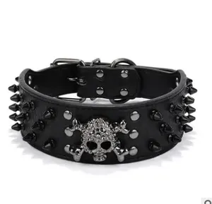 Collier pour chien en cuir noir et or à fixation rapide, anti-morsure, à clous et pointes, avec grande chaîne de traction - Product Image 6