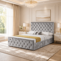 Cadre de lit capitonné en velours gris de luxe avec tête de lit haute et boutons capitonnés, lit moderne en velours, mobilier de chambre à coucher taille King