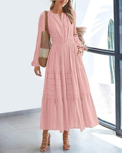 Robe élégante pour femmes à manches longues et col en V, avec taille plissée et ourlet superposé, pour un usage quotidien, robe fluide - Product Image 3