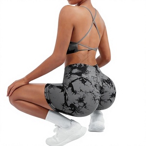 Ensemble de yoga deux pièces : short taille haute et crop top gris/noir, dos nageur, col carré, taille élastique, séchage rapide, Spandex/Nylon - Product Image 6