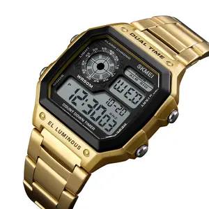 SKMEI 1335 relojes jam tangan digital, arloji berlapis emas baja tahan karat 50m tahan air untuk pria