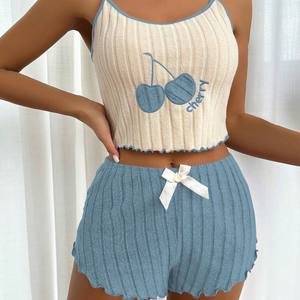 Europees-Amerikaanse stijl zomer dames pyjama set van geborsteld nylon met elastische tailleband, 2-delig (topje en shorts) - Product Image 3