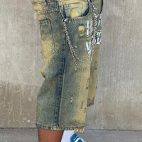 Fabricant de shorts baggy en jean délavé à l'acide, style streetwear, avec impression sérigraphique personnalisée YYSY, coupe évasée et déchirée en coton