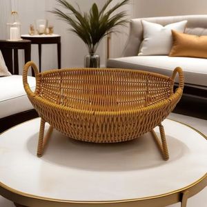 Rattan Style Fruit <b>Basket</b> Bowl With Handles Storage Tray For Living Room Snack And Dessert Display Plastic <b>Weaved</b> Design - Product Image 2