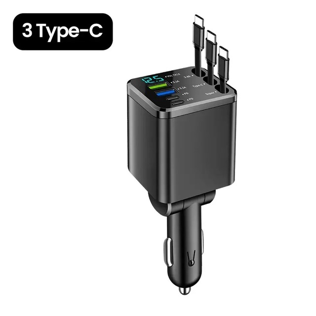 2 Type-C + 2 USB-A Car 3Type-C Cable Charger PD QC Fast Charger with Voltage Display for 12-24V Vehicles