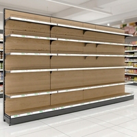 6-laags houten gondola-displayrek met verstelbaar metalen frame, wandmontage, geschikt voor supermarkt en supermarkt.