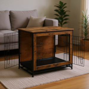 Table-lit pour chien en bois rustique marron, double porte, niche d'intérieur, maison pour animaux de taille moyenne, meuble - Product Image 2