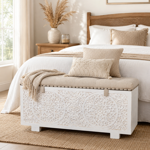 Hand-Carved Storage Ottoman Bench -Tufted Fabric Top Bed- End Chest- White Washed Solid Wood Entryway Trunk - Shabby Chic Carved - Product Image 1