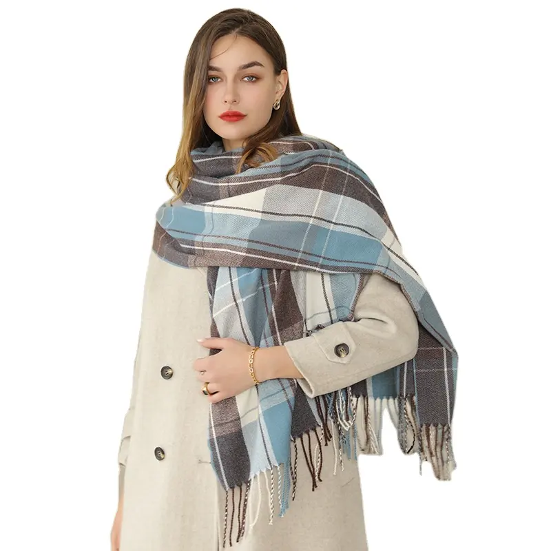 2022 autumn and winter women's wool plaid scarf cashmere scarf wide plaid tassel long shawl warm shawl