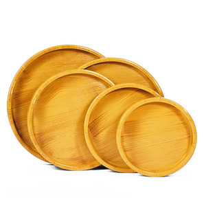 <b>Round</b> <b>Serving</b> <b>Tray</b> With Handle Imitation Wood Grain Non Slip Turmeric Color For Tea Coffee Hotel Use - Product Image 3