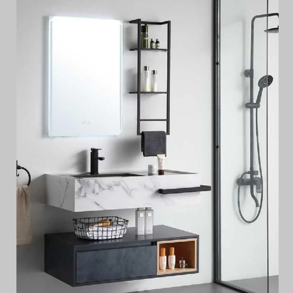 Ensemble de meuble de salle de bain en marbre, style moderne italien européen, pierre artificielle, hôtel de luxe, montage mural, vanity, 2022