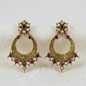 Pendientes Chandbali chapados en oro Jaipur Heritage, pendientes colgantes tradicionales con piedra roja rubí y perlas para mujer, joyería de boda - Product Image 1