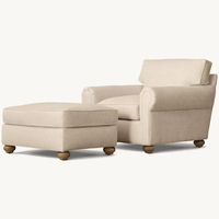 Ensemble fauteuil et ottoman en lin crème, style moderne et traditionnel, avec accoudoirs roulés, confortable et rembourré, pour hôtel et villa