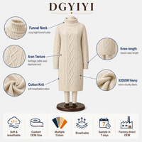 Robe en tricot de coton premium opaque 320 GSM, col cheminée, style Aran, douce et confortable, manches longues, longueur genou, pour femme, avec logo personnalisé OEM
