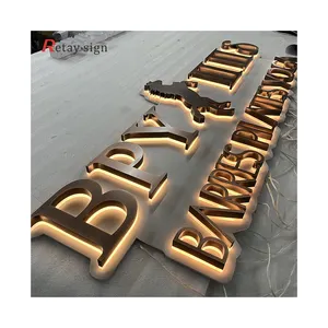 Aangepaste Muur Buiten Led Verlicht Logo Acryl Metaal Vintage Gouden Letters 3d Teken