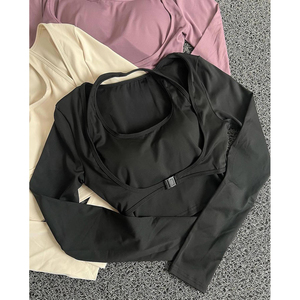 Otoño nueva moda de manga corta de punto transpirable de dos piezas ropa deportiva para mujer <span class=keywords><strong>gimnasio</strong></span> Yoga entrenamiento Top - Product Image 3
