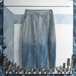 Women's Stonewashed Denim Pencil <b>Skirt</b> With Side Slit <b>Knee</b>-<b>Length</b> Casual Style Spring Wear - Product Image 3