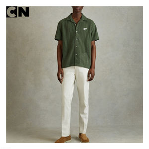 BSCI Certification Sweater Manufacturer Custom Men Hollow Out Knit <b>Cardigan</b> Sweater Green Cotton <b>Crochet</b> Cuban Collar Shirt - Product Image 3